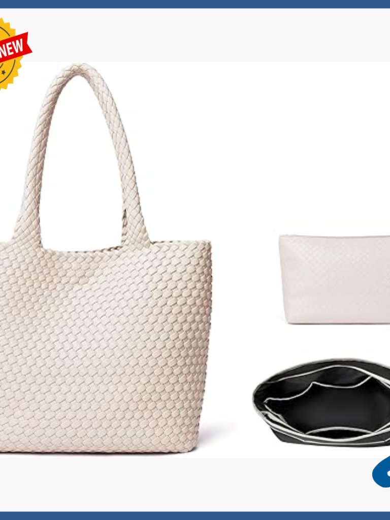 Large Woven Vegan Tote Bag With Organizer, Magnetic Closure